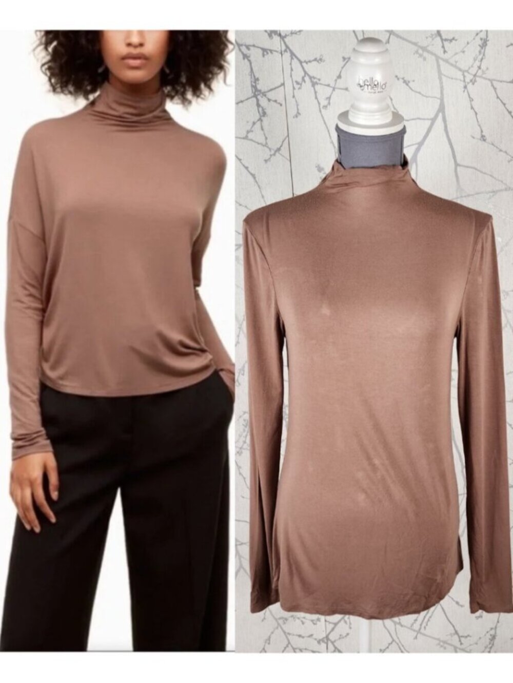 Babaton Beige Cream Stretch Jersey Mockneck Long Sleeve